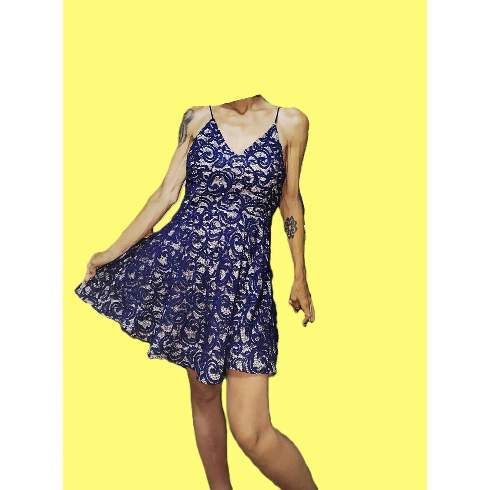 Sequin Hearts Blue Sparkly Lace Sequin Flowy Mini Dress Size 5 | Spaghetti Strap